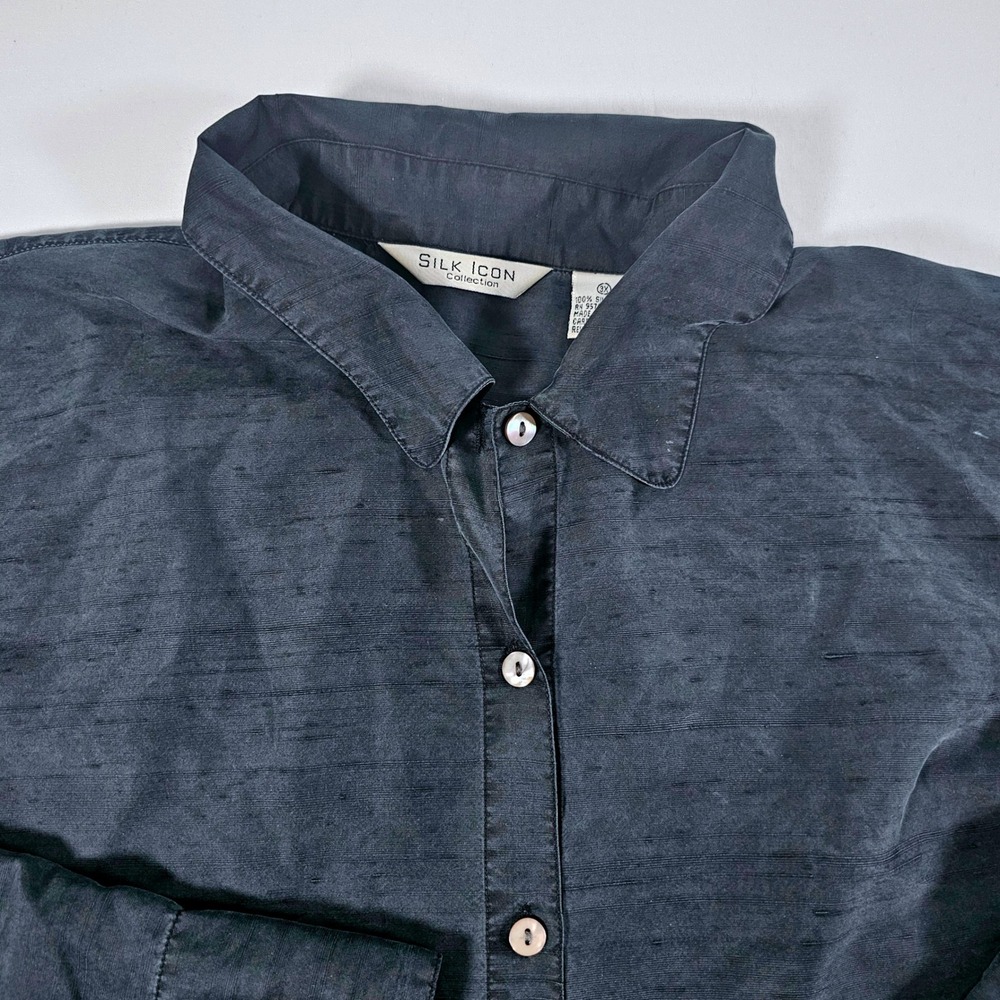 Silk Icon Collection Womens 3X Black 100% Silk Button Down Long Sleeve Blouse